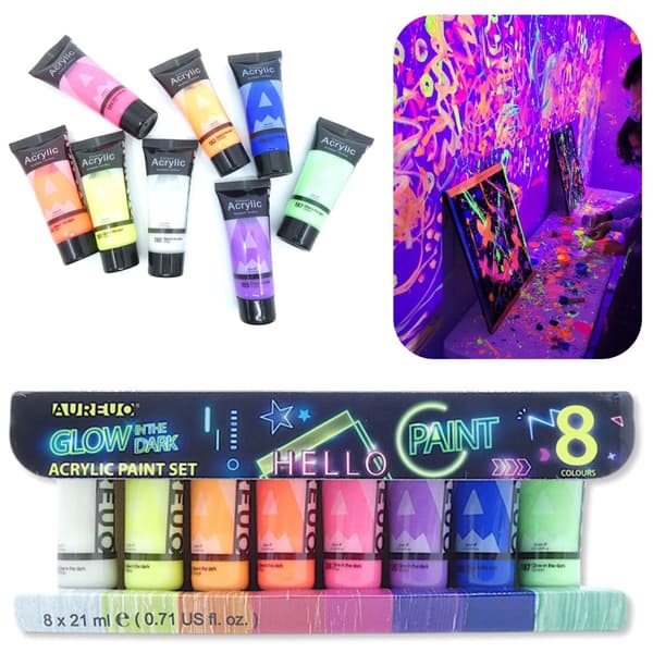 Sæt med 8 GLOW akrylmalinger lyser i mørket glans AUREUO 8x21ml