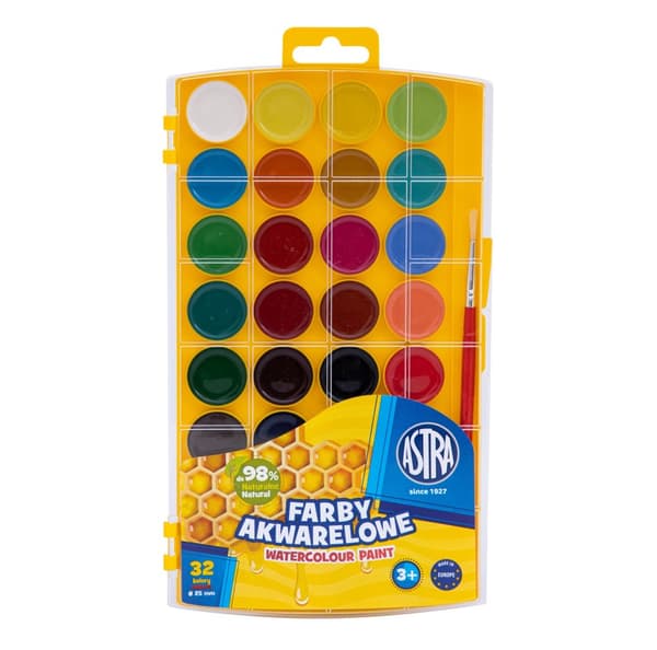 Akvarellfärger 25mm 32 färger + Astra pensel