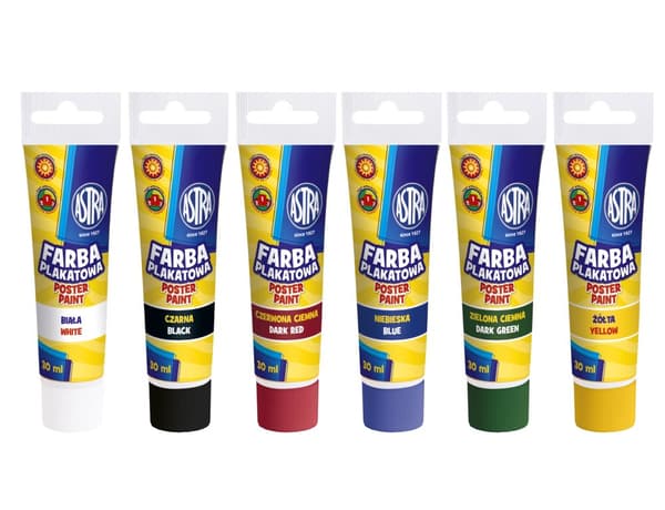 Plakatmalinger i tuber 6 farver x 30 ml Astra