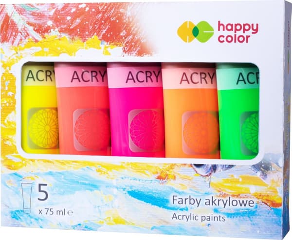 Akrylmalingssæt 5 stk x 75 ml MIX FLUO Happy Color