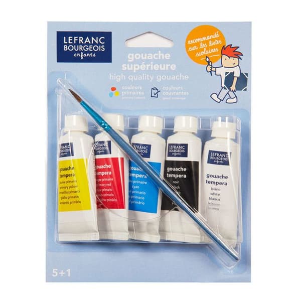 Set med 5 20 ml gouachetuber + borste - LEFRANC & BOURGEOIS - Primärfärger