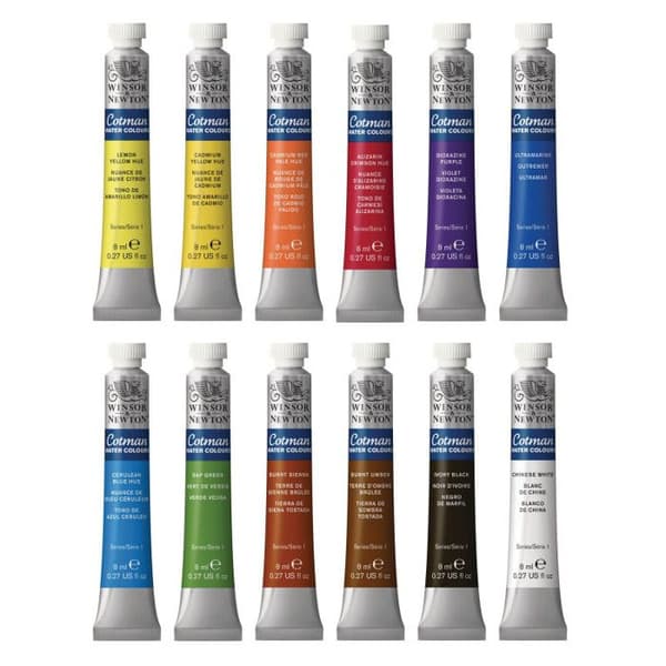 Kartong med 12 Cotman Winsor och Newton akvarellfärgtuber 12x8ml