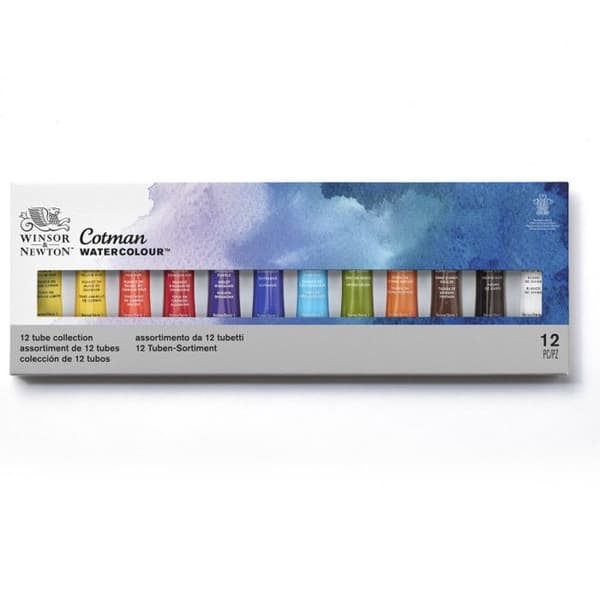 Kartong med 12 Cotman Winsor och Newton akvarellfärgtuber 12x8ml