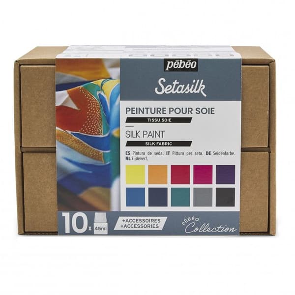 Målarlåda - PEBEO - SetaSilk - 10 krukor à 45 ml - Opak - Tillbehör ingår