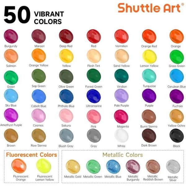 Akrylmålarset - Shuttle Art - 50 färger - 60ml - 12 penslar - Giftfri