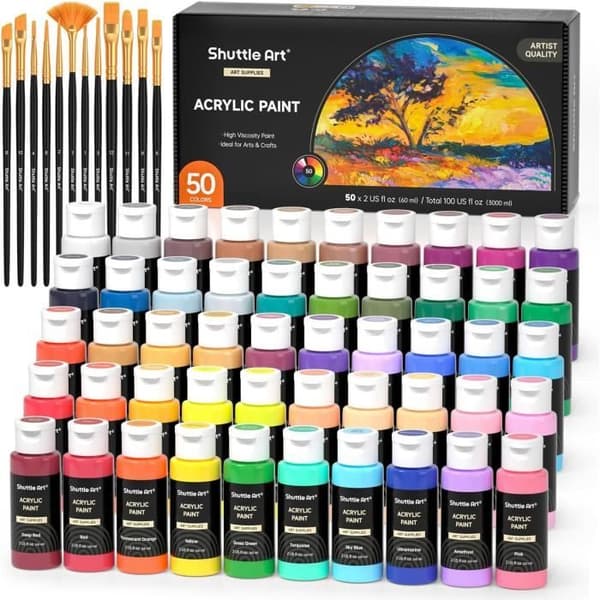 Akrylmålarset - Shuttle Art - 50 färger - 60ml - 12 penslar - Giftfri
