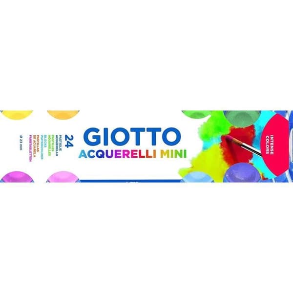 Förpackning med 24 gouachepastiller - GIOTTO - Acquerelli Mini - Klara färger - Pensel ingår - Designad palett