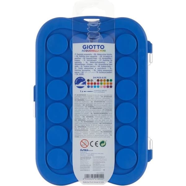 Förpackning med 24 gouachepastiller - GIOTTO - Acquerelli Mini - Klara färger - Pensel ingår - Designad palett