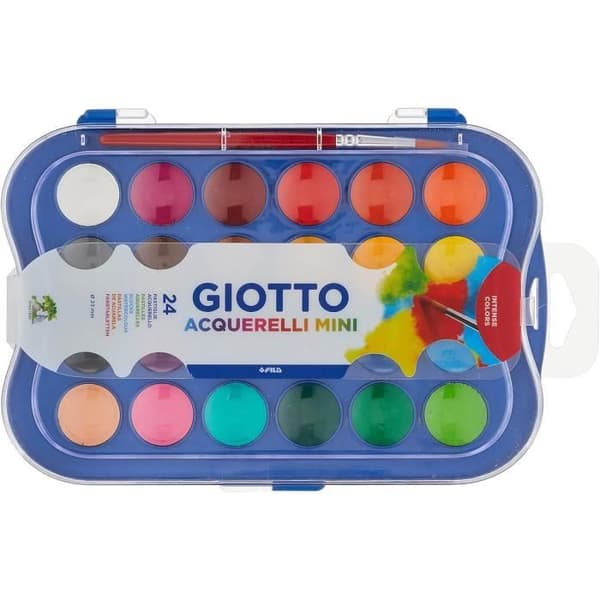 Förpackning med 24 gouachepastiller - GIOTTO - Acquerelli Mini - Klara färger - Pensel ingår - Designad palett