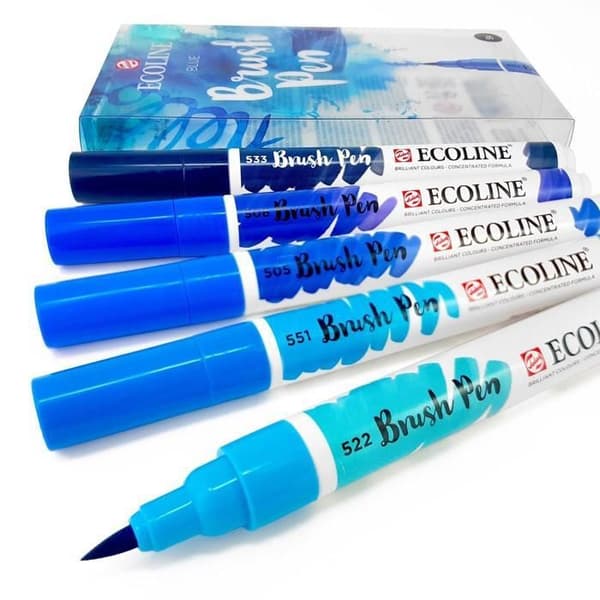 Royal Talens - Ecoline Liquid Watercolor Ritning Painting Penselpennor - Set om 5 i plastfodral - Blå