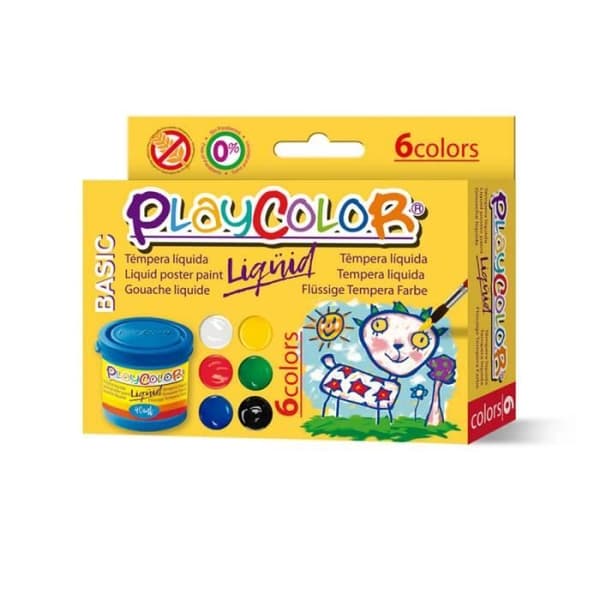 PLAYCOLOR - Set med 6 krukor BASIC flytande gouachefärg - 40 ml. assorterade färger TU Sortiment