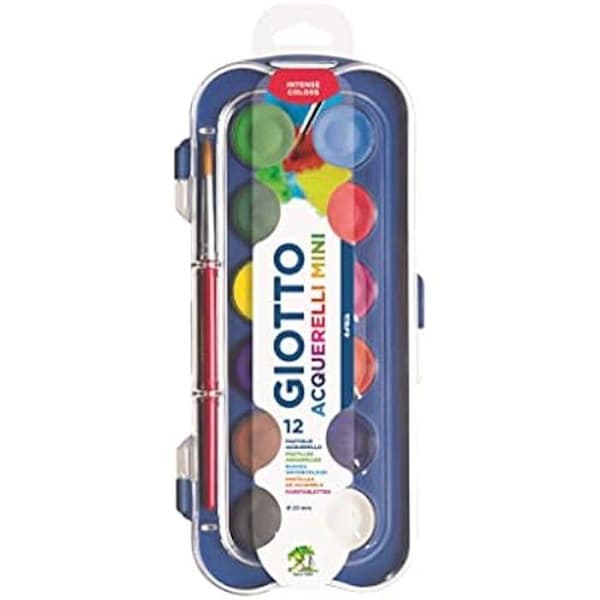Kartong gouache - GIOTTO - Acquerelli Mini - 12 pastiller - Pensel ingår - Diverse färger
