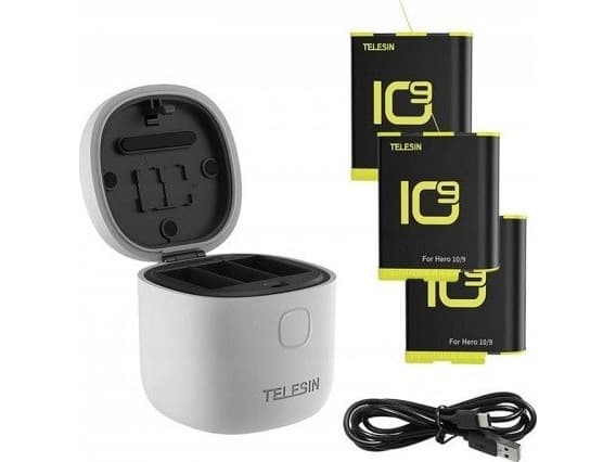 Allin Box Telesin vattentät trippel laddare för GoPro Hero 9 / Hero 10 + 3 batterier (GP-BTR-906-GY-B)
