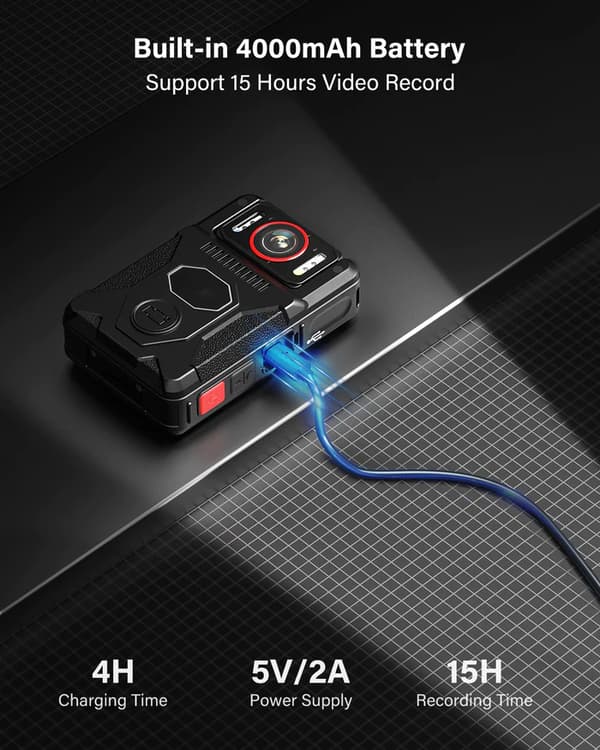 BodyCam 4K Ultra HD PRO, Polis & Vaktkamera, 180°, lång batteritid, snabbladdning, GPS, IR Mörkersyn
