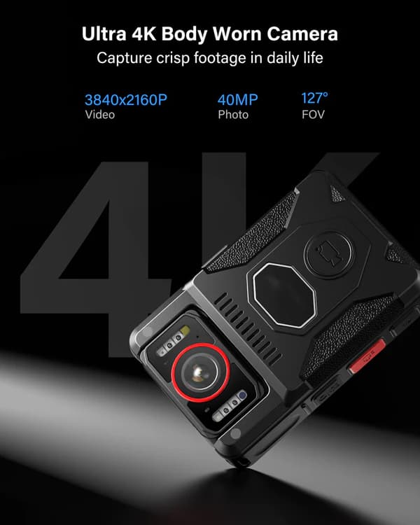 BodyCam 4K Ultra HD PRO, Polis & Vaktkamera, 180°, lång batteritid, snabbladdning, GPS, IR Mörkersyn
