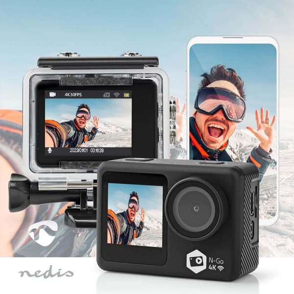 Nedis handling Cam | Dobbel Skjerm | 4K@30fps | 16 MPixel | Vanntett opptil: 30.0 m | 90 min | Wi-Fi | App tilgjengelig for: Android™ / IOS | Monterin