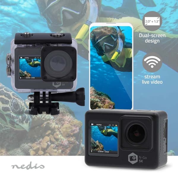 Nedis handling Cam | Dobbel Skjerm | 5K@30fps | 16 MPixel | Vanntett opptil: 30.0 m | 80 min | Wi-Fi | App tilgjengelig for: Android™ / IOS | Monterin