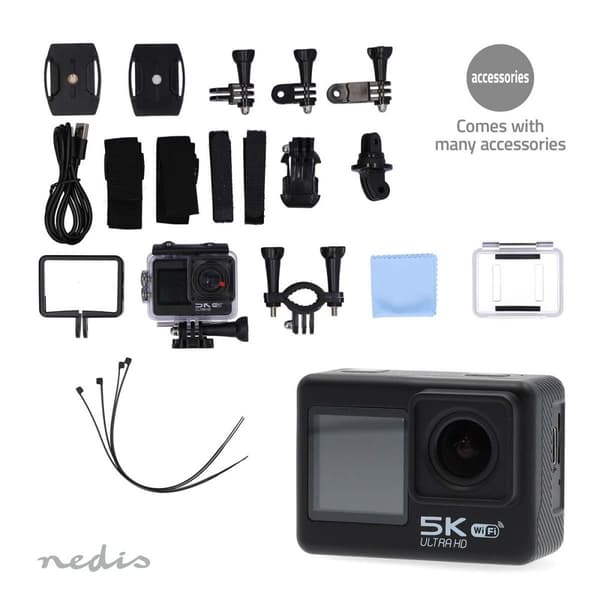 Nedis handling Cam | Dobbel Skjerm | 5K@30fps | 16 MPixel | Vanntett opptil: 30.0 m | 80 min | Wi-Fi | App tilgjengelig for: Android™ / IOS | Monterin