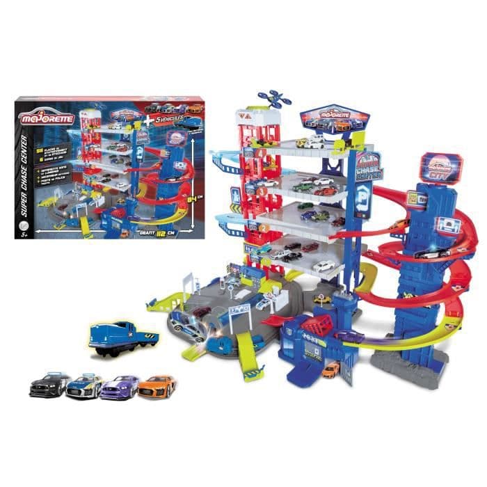 Majorette - Super Chase Center - Garage för miniatyrbilar + 4 bilar + 1 tåg - 112 x70 x 84 cm