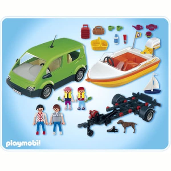 PLAYMOBIL - Familjebil och båt - 4 tecken - Båttrailer - Hund - Tillbehör