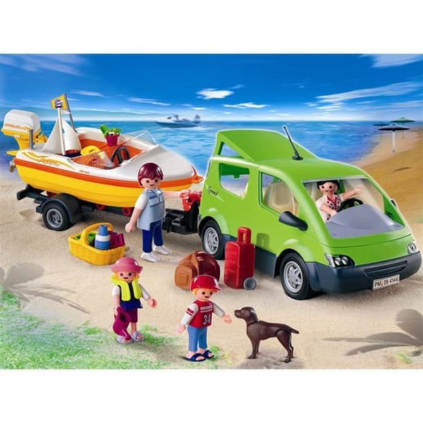 PLAYMOBIL - Familjebil och båt - 4 tecken - Båttrailer - Hund - Tillbehör