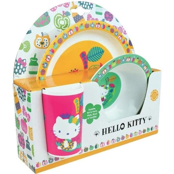 HELLO KITTY barnmatset - FUN HOUSE - 22cm tallrik, 16cm skål, 220ml glas