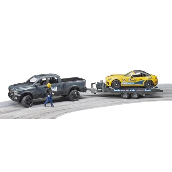 BRUDER - RAM 2500 POWER WAGON-fordon med släpvagn och BRUDER ROADSTER RACING TEAM-bil