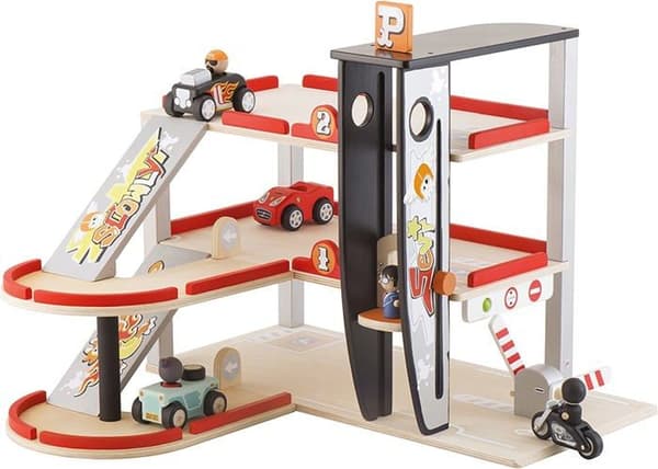 SEVI bilgarage - Röd parkeringsplats i trä 47 x 57 cm - För barn från 3 år