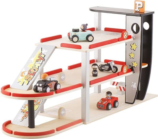 SEVI bilgarage - Röd parkeringsplats i trä 47 x 57 cm - För barn från 3 år