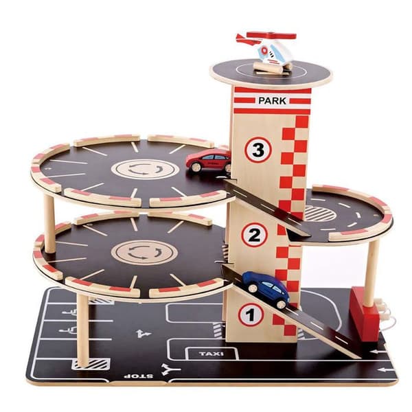 HAPE 4-vånings trägarage - 2 bilar och 1 helikopter ingår - Röd och svart