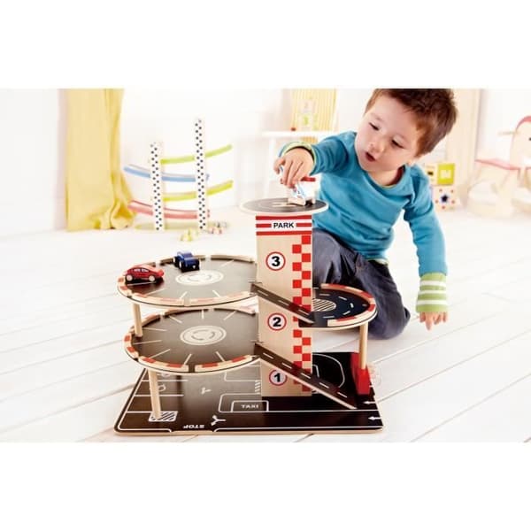 HAPE 4-vånings trägarage - 2 bilar och 1 helikopter ingår - Röd och svart