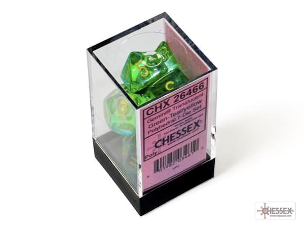 Gemini Translucent Green-Teal/Yellow Polyhedral 7-Die Set