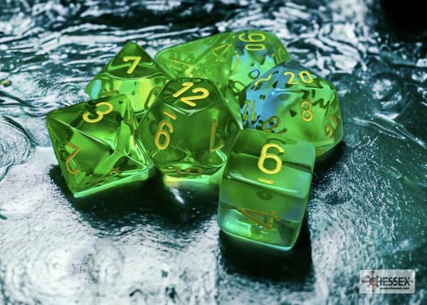Gemini Translucent Green-Teal/Yellow Polyhedral 7-Die Set