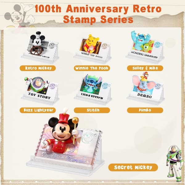 MINISO Disney 100-årsjubileums Blindbox, Retro Frimärksserie, Söta Samlarfigurer med Musse, Dumbo, Sullivan, Buzz Lightyear, Stitch, Samlarpresenter f