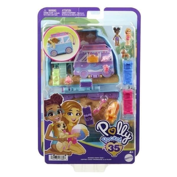 Polly Pocket-Puppy på Beach-Box och figurer, reseleksak HRD36