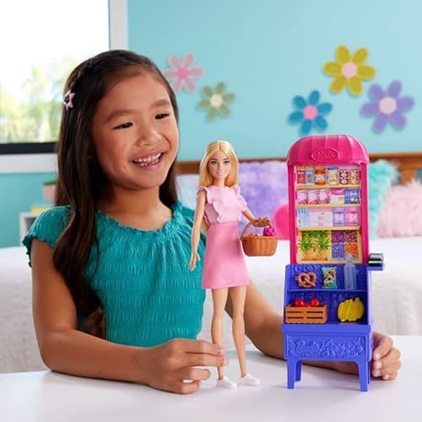 Barbie-spelset - BARBIE - Malibu - Marknad med docka och 11 tillbehör - För barn från 3 år