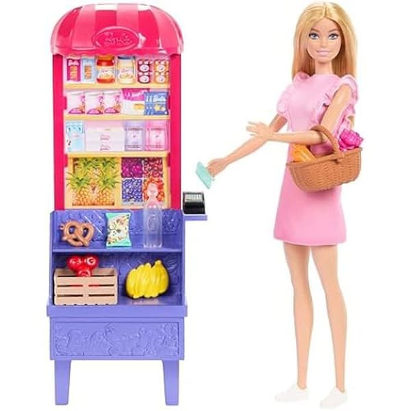 Barbie-spelset - BARBIE - Malibu - Marknad med docka och 11 tillbehör - För barn från 3 år
