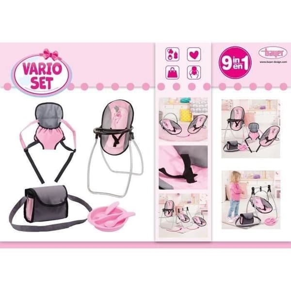 Multifunktionssäte för dockor - BAYER DESIGN - Vario Set - Grå och rosa - För baby