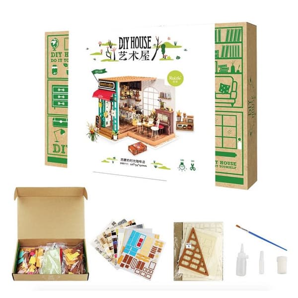 ROBOTIME 3D dockhus i trä med ljus miniatyrkaffehus DIY Model Kit (Simmon's Coffee House)