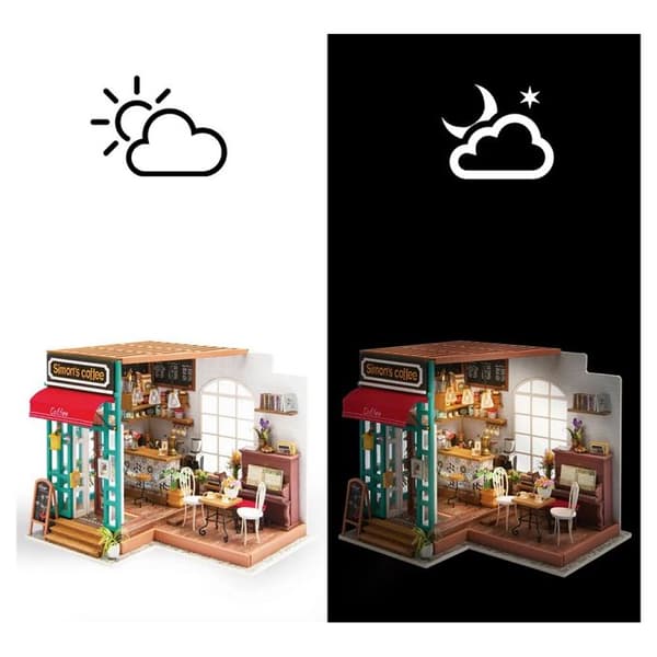 ROBOTIME 3D dockhus i trä med ljus miniatyrkaffehus DIY Model Kit (Simmon's Coffee House)