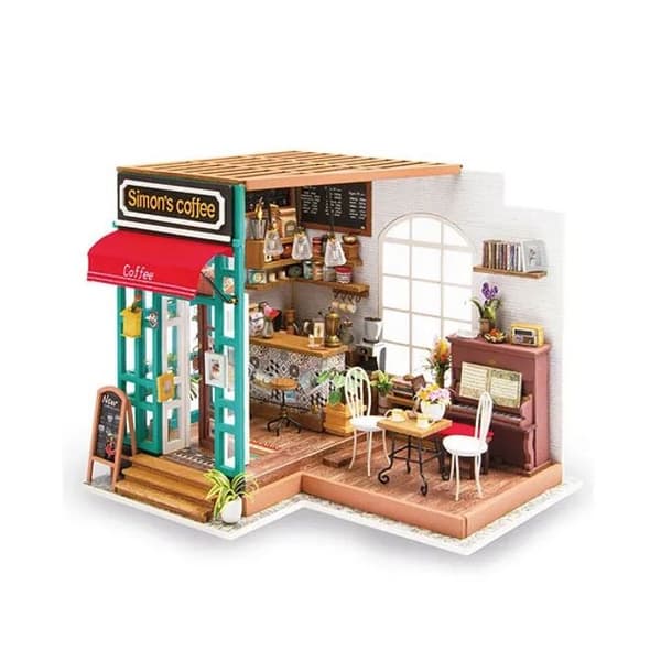ROBOTIME 3D dockhus i trä med ljus miniatyrkaffehus DIY Model Kit (Simmon's Coffee House)
