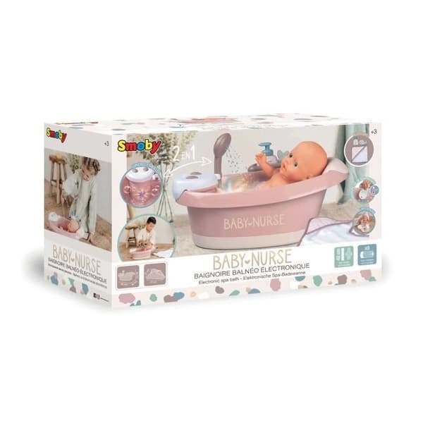 Bubbelbadkar för spädbarn upp till 42 cm - Smoby Baby Nurse - Vattenstrålar och bubblor - LED-lampor - Tillverkad i Frankrike