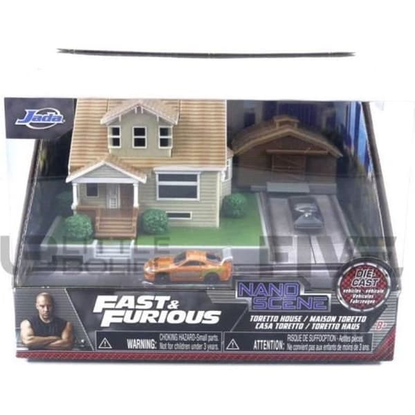 Miniatyrsamlingsbil - JADA TOYS 1/87 - TOYOTA Dom's House med Dodge Charger + Toyota Supra - Orange / Svart - 33668OR