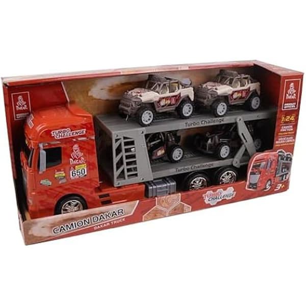 Friktionsleksak - TURBO CHALLENGE - Dakar License Transport Truck - 4 rallybilar - Orange