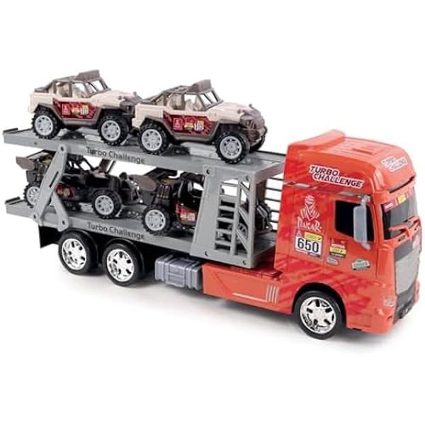 Friktionsleksak - TURBO CHALLENGE - Dakar License Transport Truck - 4 rallybilar - Orange