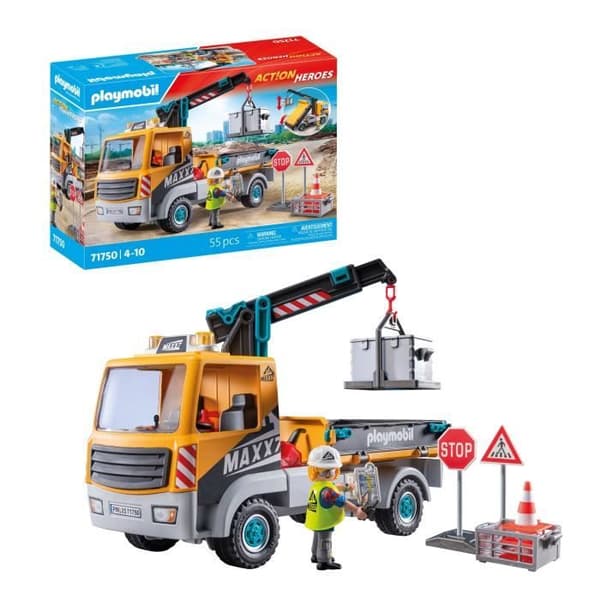 PLAYMOBIL 71750 Bygglastbil med kran, arbetare & tillbehör, Action Heroes, Byggande, 55 delar, Från 4 år