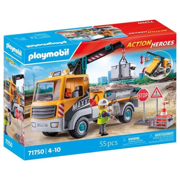 PLAYMOBIL 71750 Bygglastbil med kran, arbetare & tillbehör, Action Heroes, Byggande, 55 delar, Från 4 år