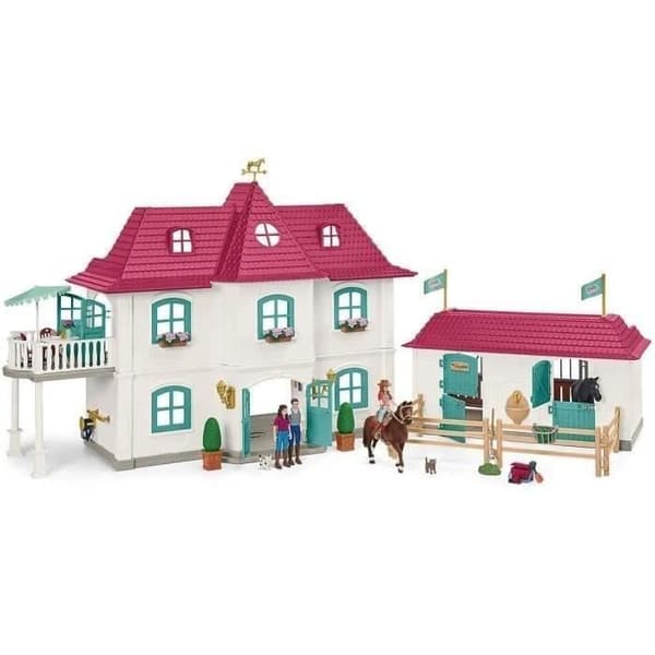 Stort Lakeside Equestrian Center för schleich-hästar, Schleich-figurbox med 192 element inklusive 2 hästar, stall