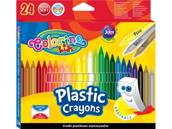 COLORINO KIDS CANDLE CRAYONS ROUND PLASTIC ERASABLE WITH ERASER 24 COLORS