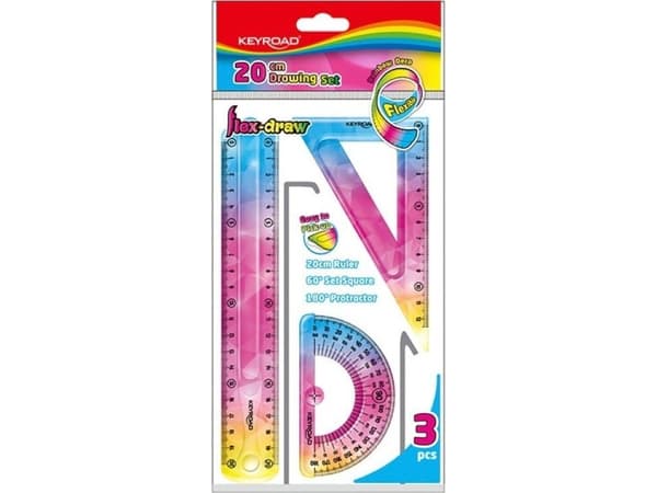 PBS Connect geometrisk fleksibel Keyroad Rainbow Deco linjal 20cm, sett firkantet 18cm gradskive 10cm p24